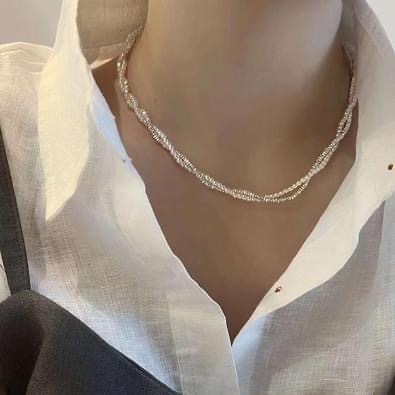 雙層碎銀小米扭麻花珍珠頸鍊 3mm天然淡水珍珠➕S925銀✨ -M