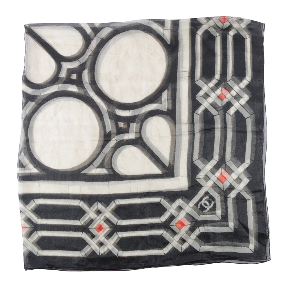 【CHANEL】絲質混尼龍金蔥花朵圍巾(黑色/白色)