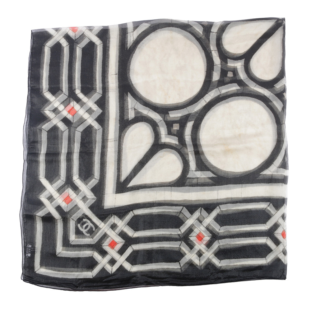 【CHANEL】絲質混尼龍金蔥花朵圍巾(黑色/白色)