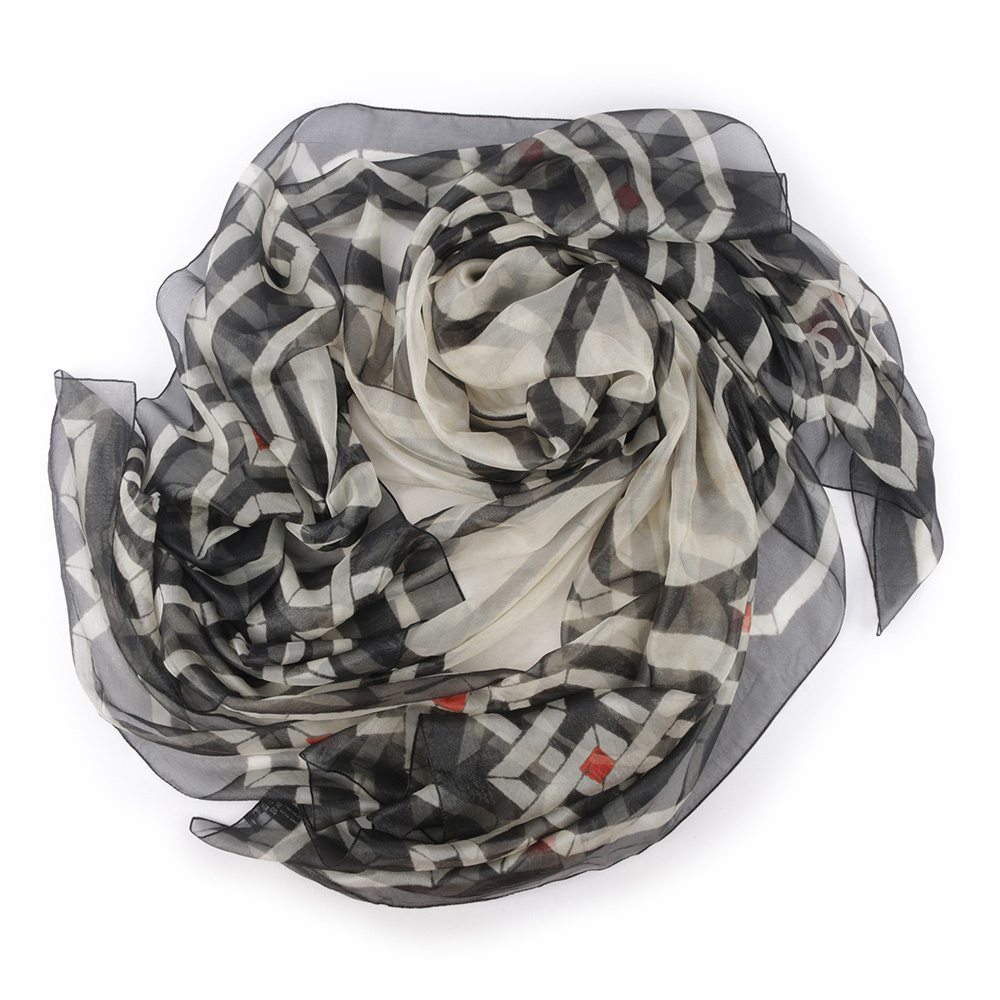 【CHANEL】絲質混尼龍金蔥花朵圍巾(黑色/白色)