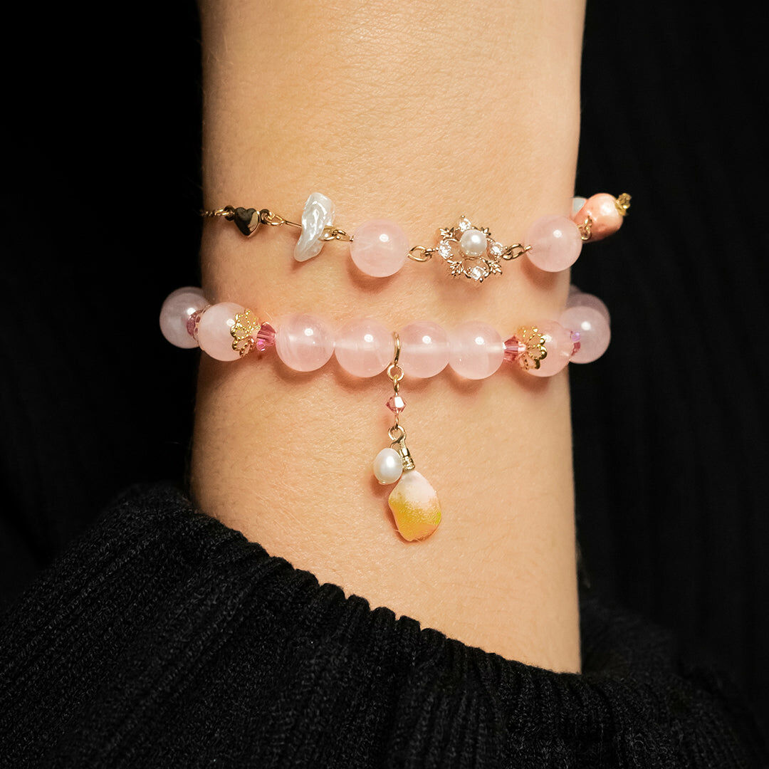 Snowy Strawberry Rose Quartz 14K Gold-plated 925 Silver Bracelet