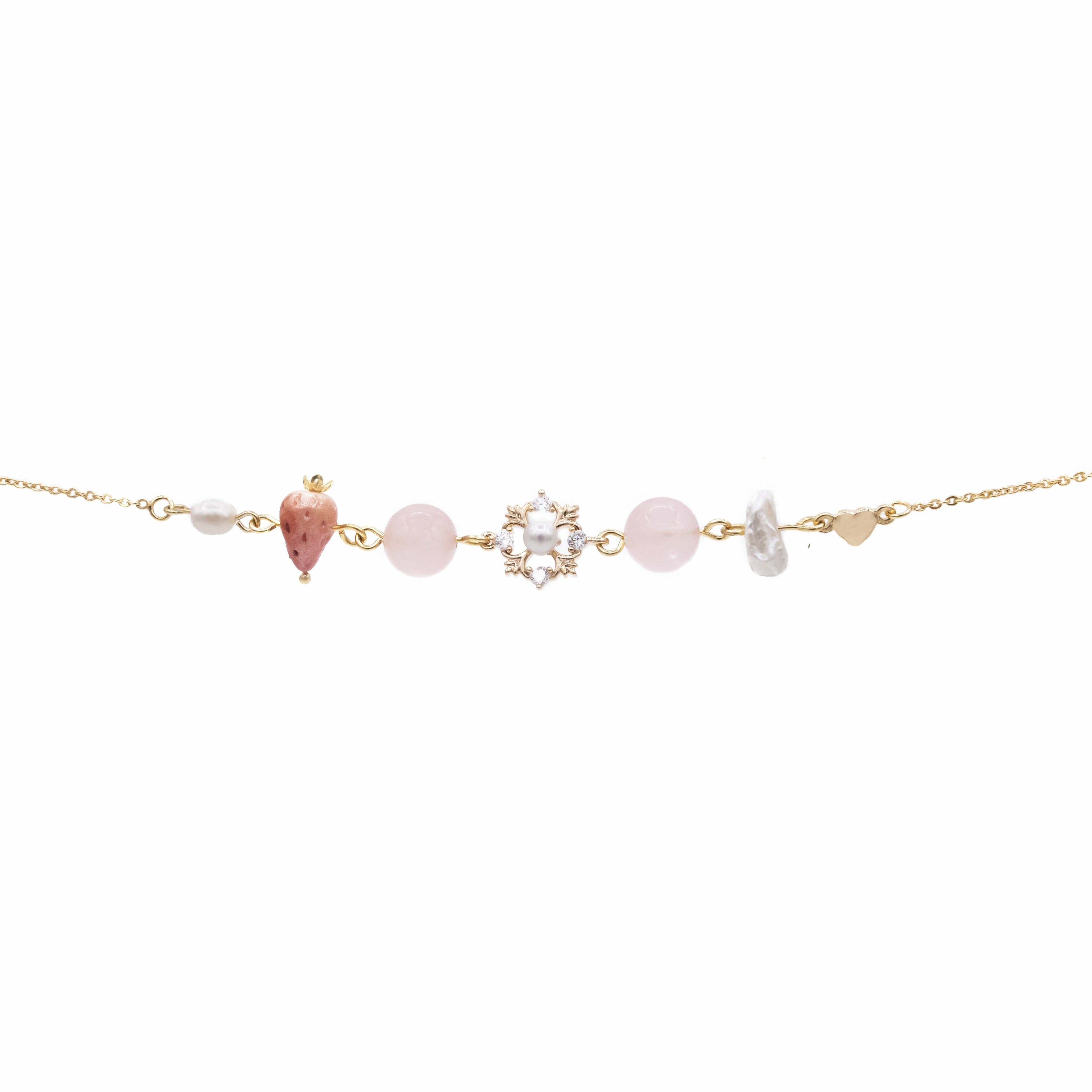 Snowy Strawberry Rose Quartz 14K Gold-plated 925 Silver Bracelet