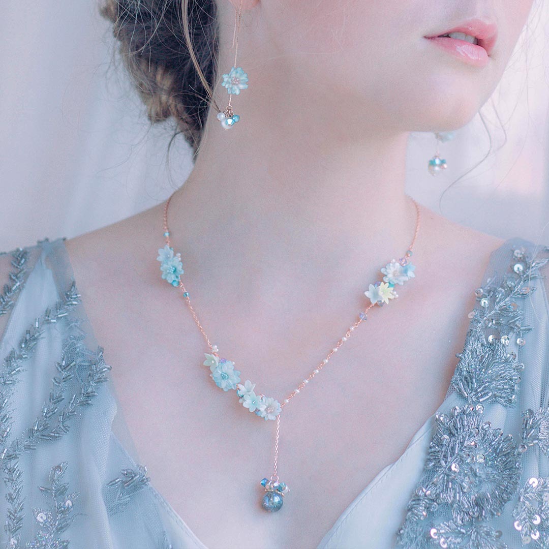 ZINNIA Aqua Rosegold-plated 925 Silver Floral Necklace