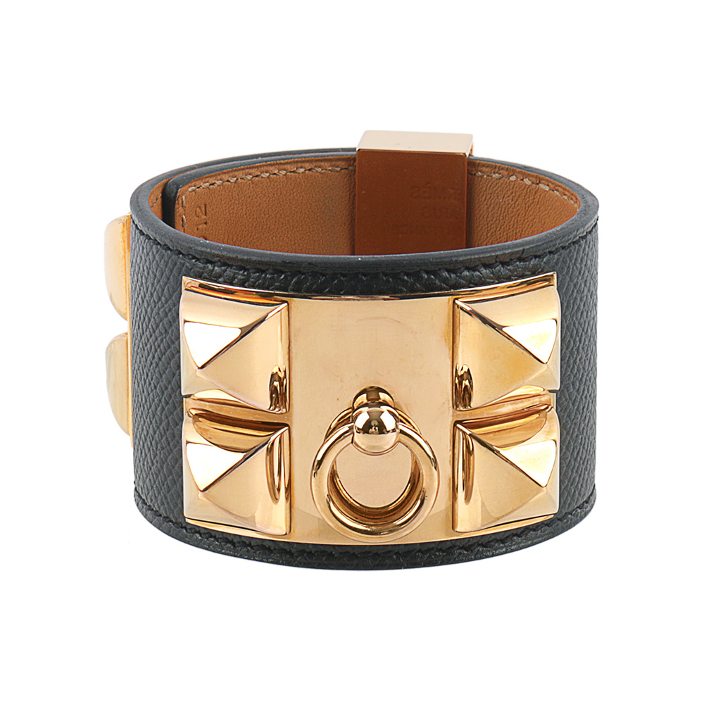 【HERMES】EPSOM皮 鉚釘金釦CDC手環 (S)(黑色)