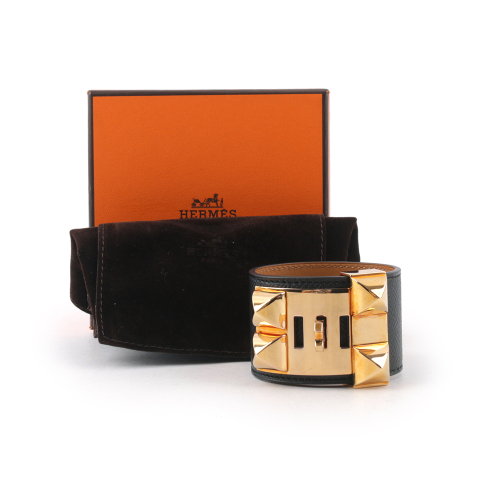 【HERMES】EPSOM皮 鉚釘金釦CDC手環 (S)(黑色)