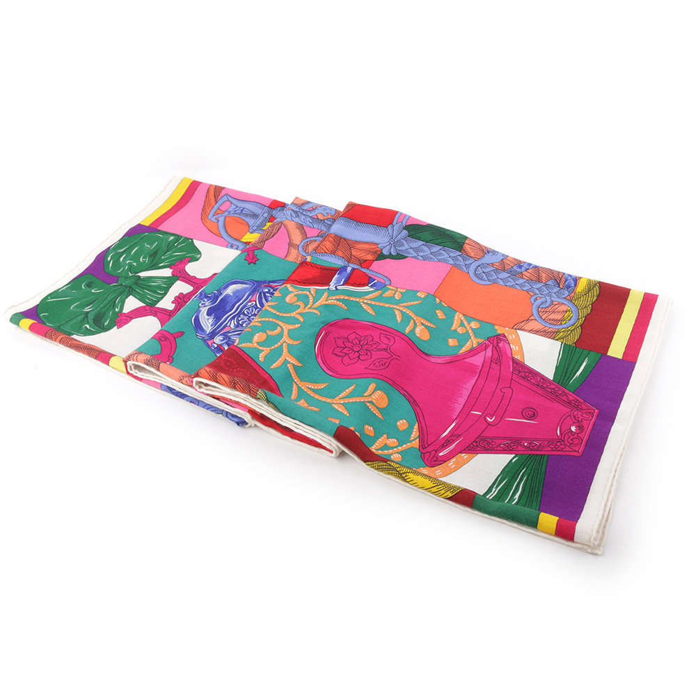 【Hermès】Della Cavalleria 彩色羊毛混絲絲巾(140 x 140)