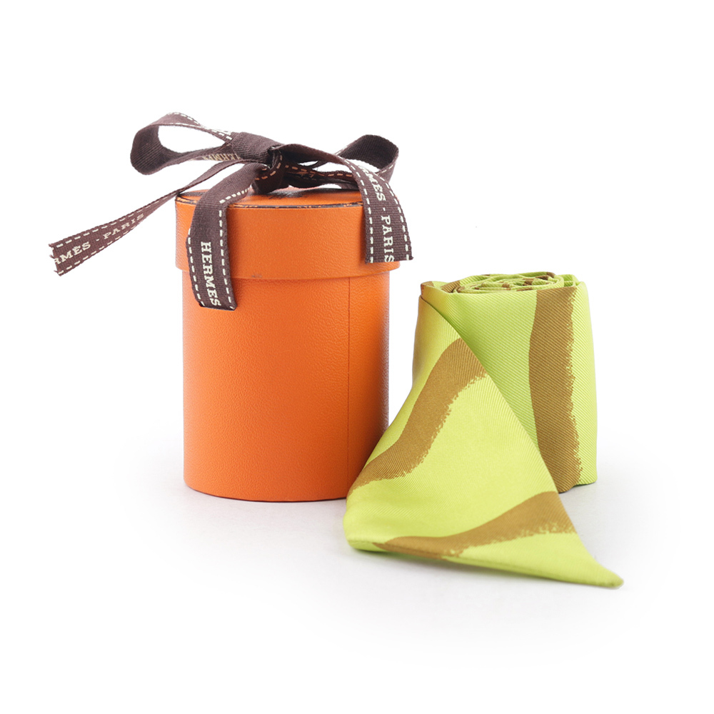 【HERMES】Twilly芥末黃條紋絲巾(單條)(芥末綠/芥末黃)