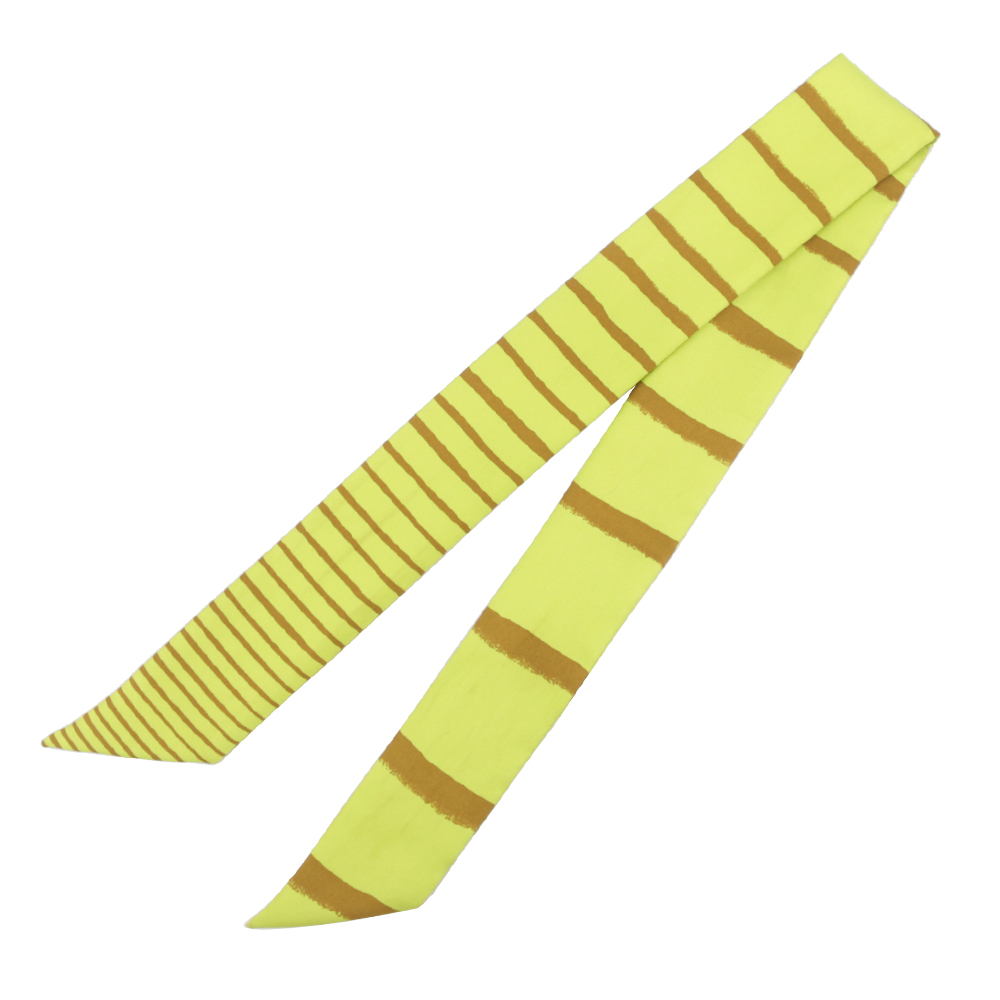 【HERMES】Twilly芥末黃條紋絲巾(單條)(芥末綠/芥末黃)