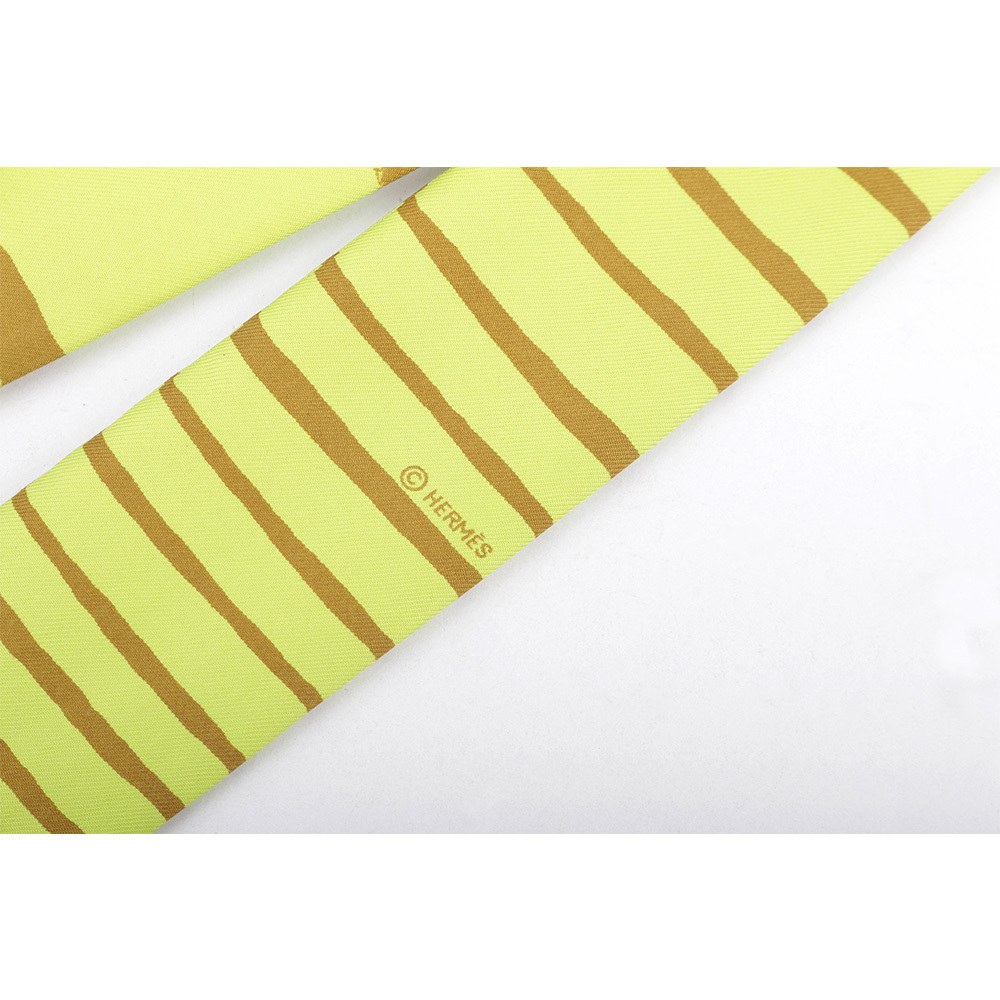 【HERMES】Twilly芥末黃條紋絲巾(單條)(芥末綠/芥末黃)