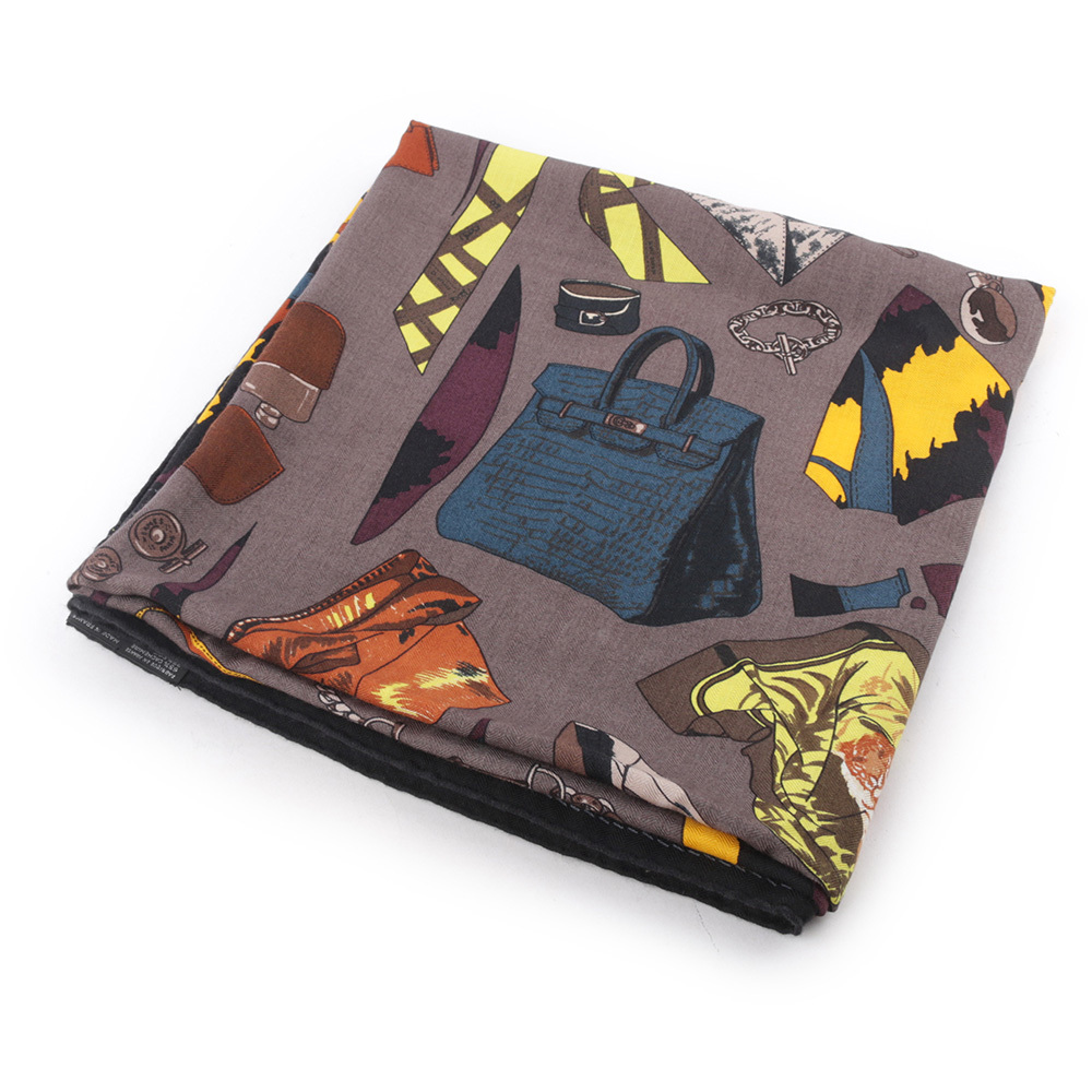 【Hermès】Monsieur et Madame 黑/黃/紫 方巾絲巾(140X140)