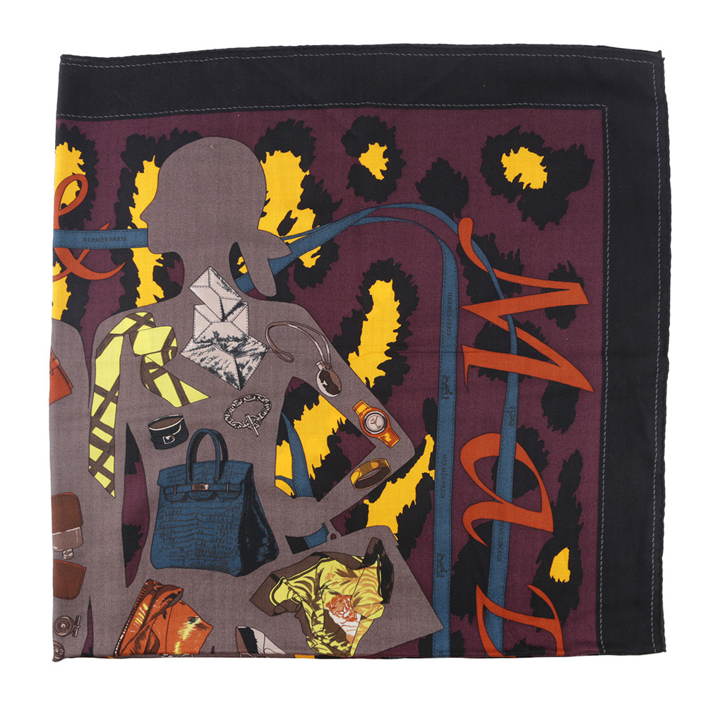 【HERMES】Monsieur et Madame 黑/黃/紫 方巾絲巾(140X140)