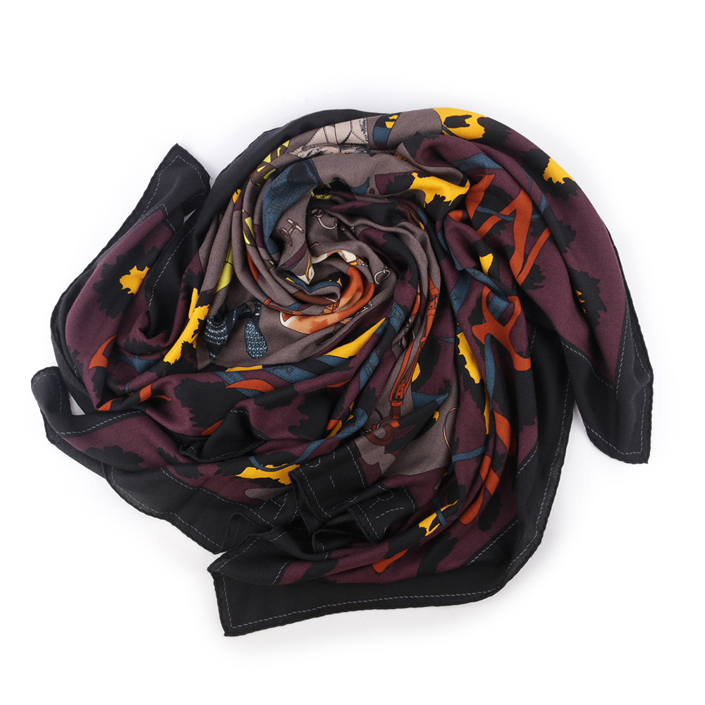 【HERMES】Monsieur et Madame 黑/黃/紫 方巾絲巾(140X140)