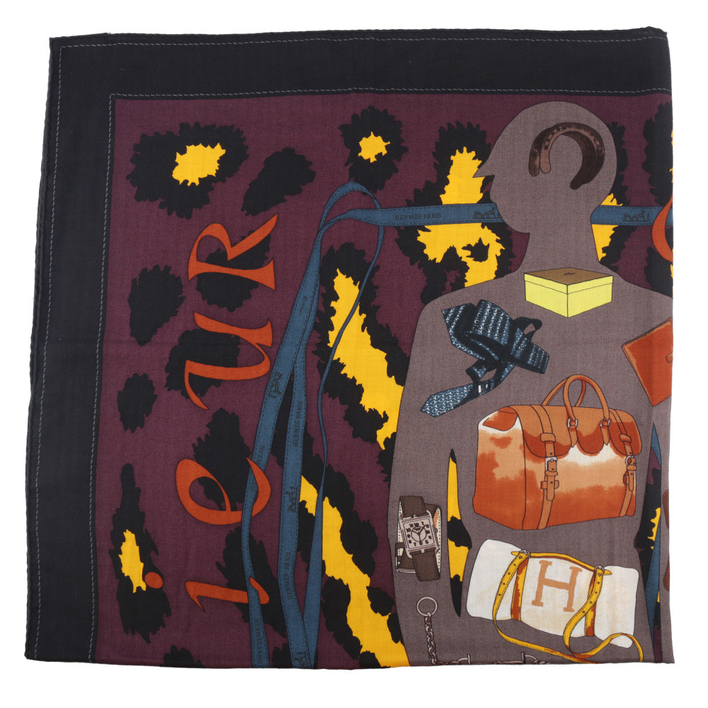 【HERMES】Monsieur et Madame 黑/黃/紫 方巾絲巾(140X140)