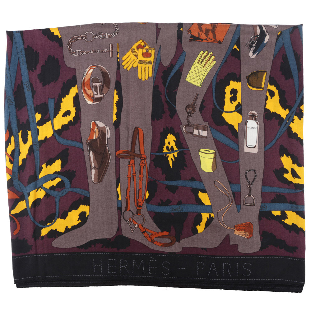 【HERMES】Monsieur et Madame 黑/黃/紫 方巾絲巾(140X140)