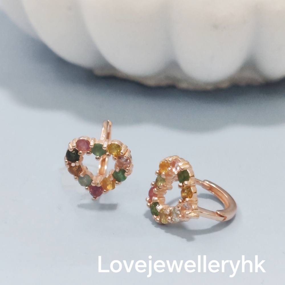 玫瑰金色天然碧璽心形耳圈    GE019
