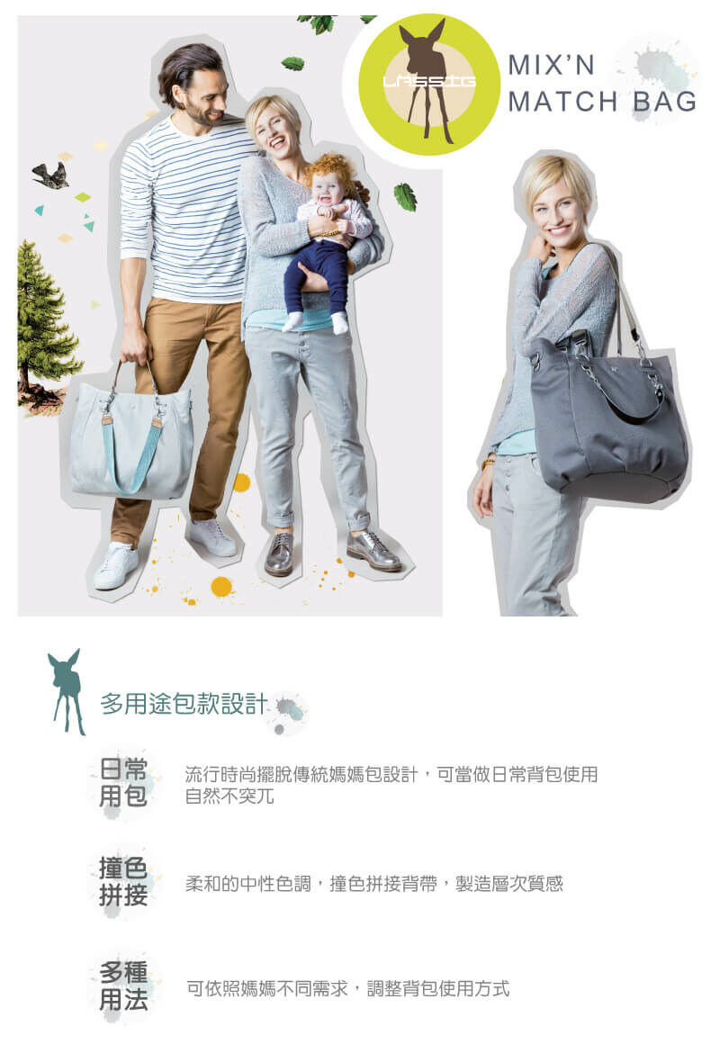 德國媽媽包No.1品牌，LASSIG讓媽媽包不只是媽媽包，兼具時尚與功能性，手提斜背肩背多種背法，大開口大容量多隔層，使用環保防潑水材質，外出育兒神隊友，網紅媽咪推薦
