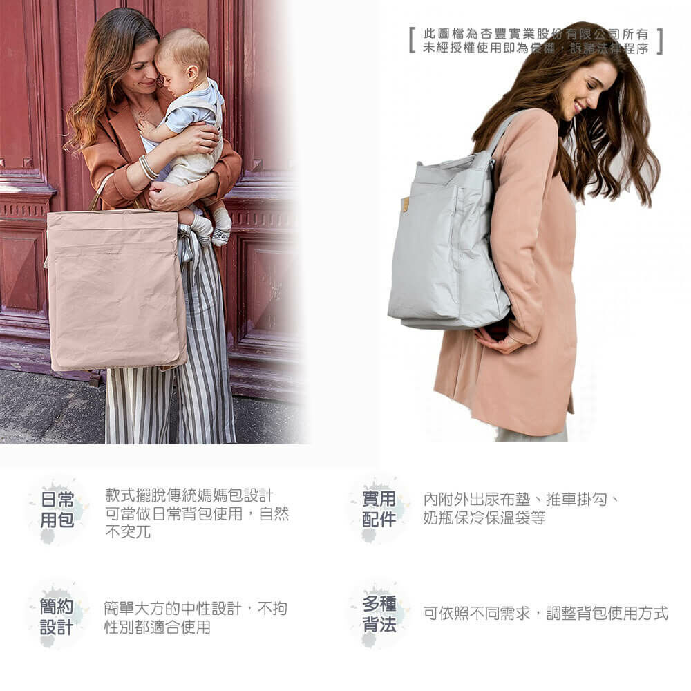 德國媽媽包No.1品牌，LASSIG讓媽媽包不只是媽媽包，兼具時尚與功能性，大開口大容量多隔層，附育兒配件：防水尿布墊、奶瓶保溫袋、推車掛勾，實用推薦