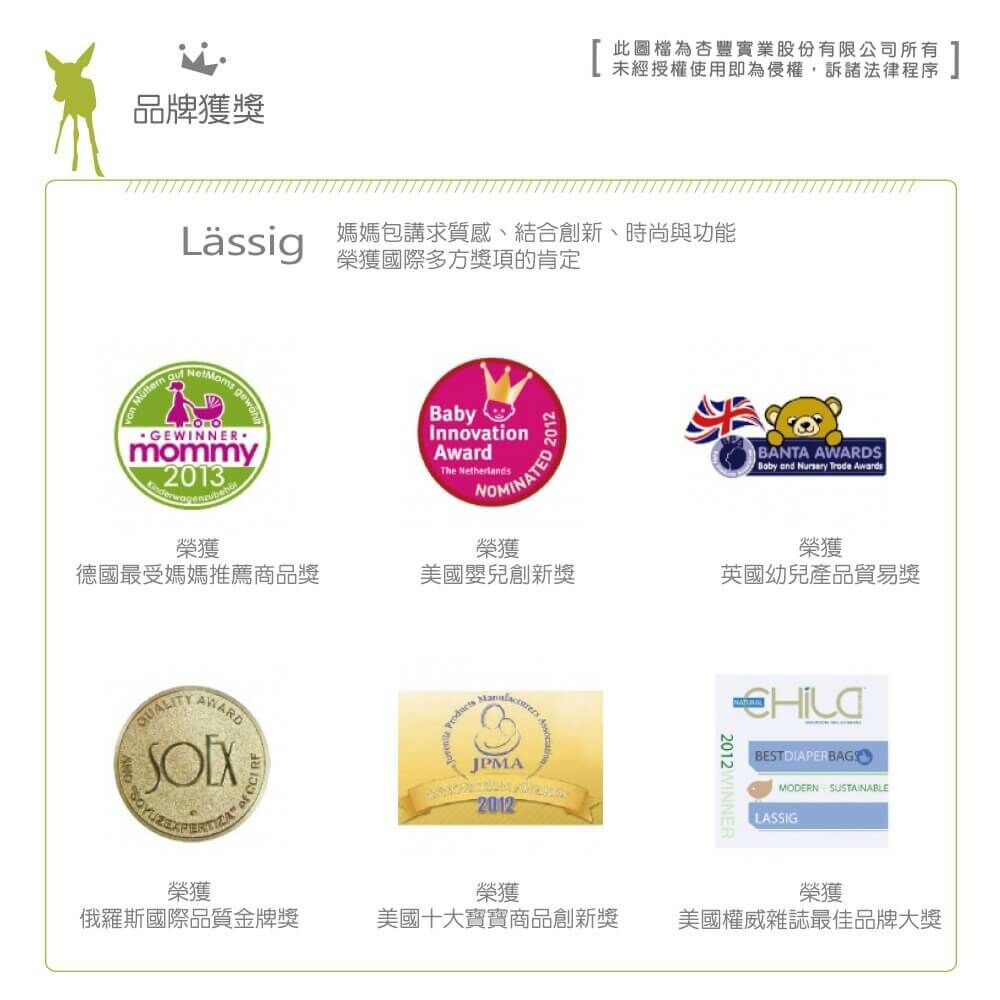 德國媽媽包No.1品牌，LASSIG讓媽媽包不只是媽媽包，兼具時尚與功能性，大開口大容量多隔層，附育兒配件：防水尿布墊、奶瓶保溫袋、推車掛勾，實用推薦