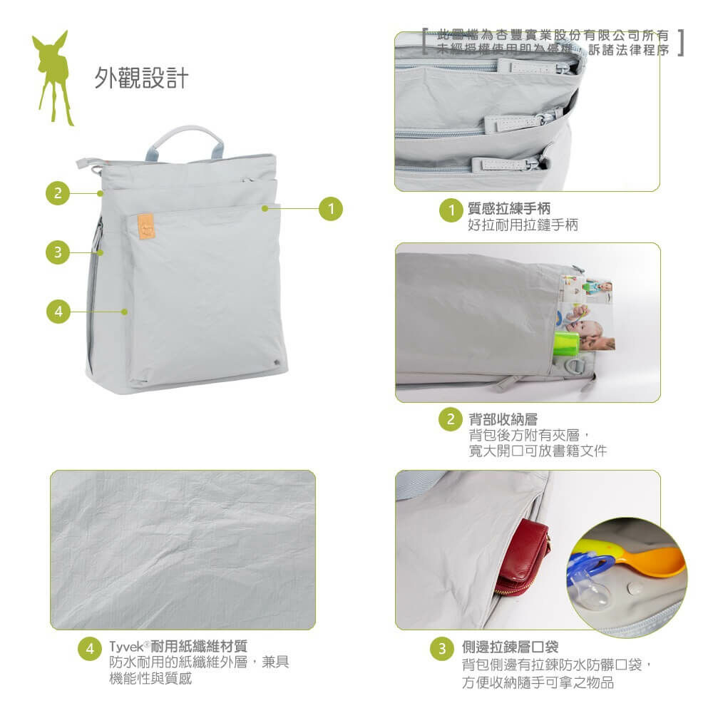 德國媽媽包No.1品牌，LASSIG讓媽媽包不只是媽媽包，兼具時尚與功能性，大開口大容量多隔層，附育兒配件：防水尿布墊、奶瓶保溫袋、推車掛勾，實用推薦