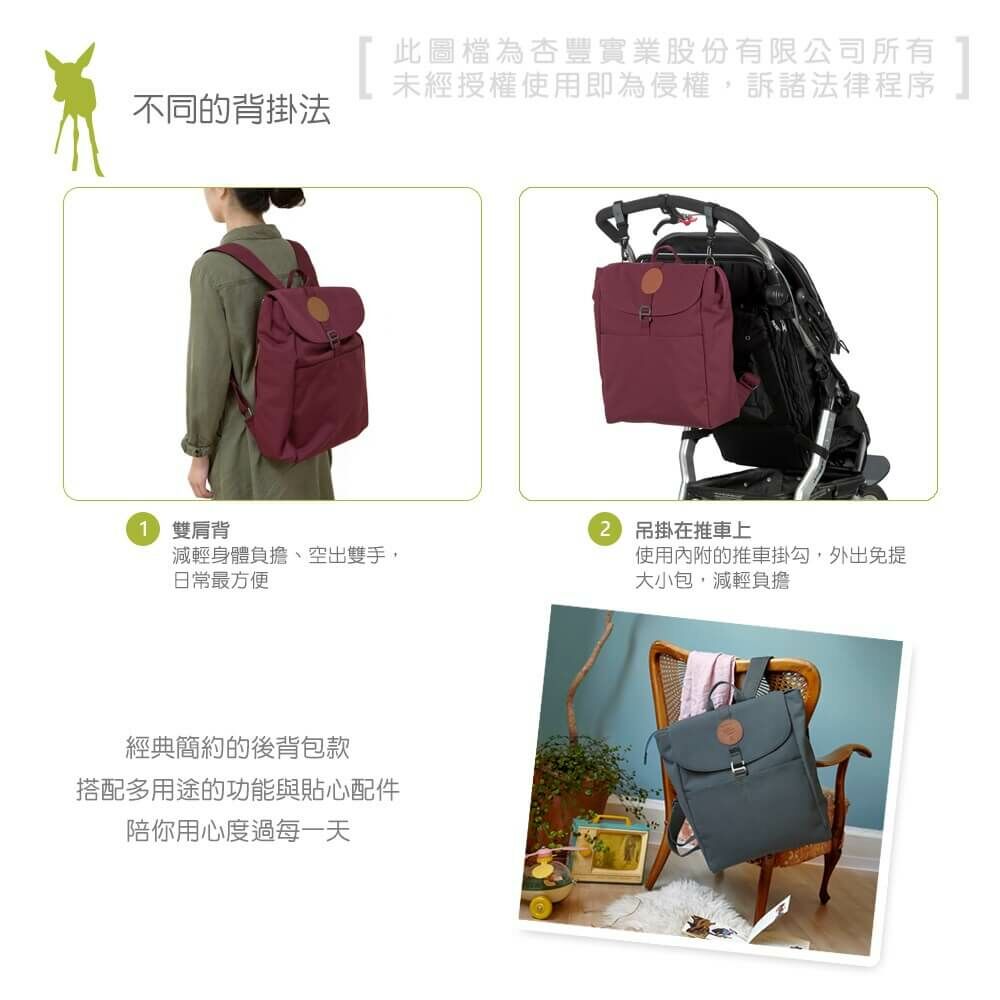德國媽媽包No.1品牌，LASSIG讓媽媽包不只是媽媽包，兼具時尚與功能性，大開口大容量多隔層，附育兒配件：防水尿布墊、奶瓶保溫袋、推車掛勾，實用推薦