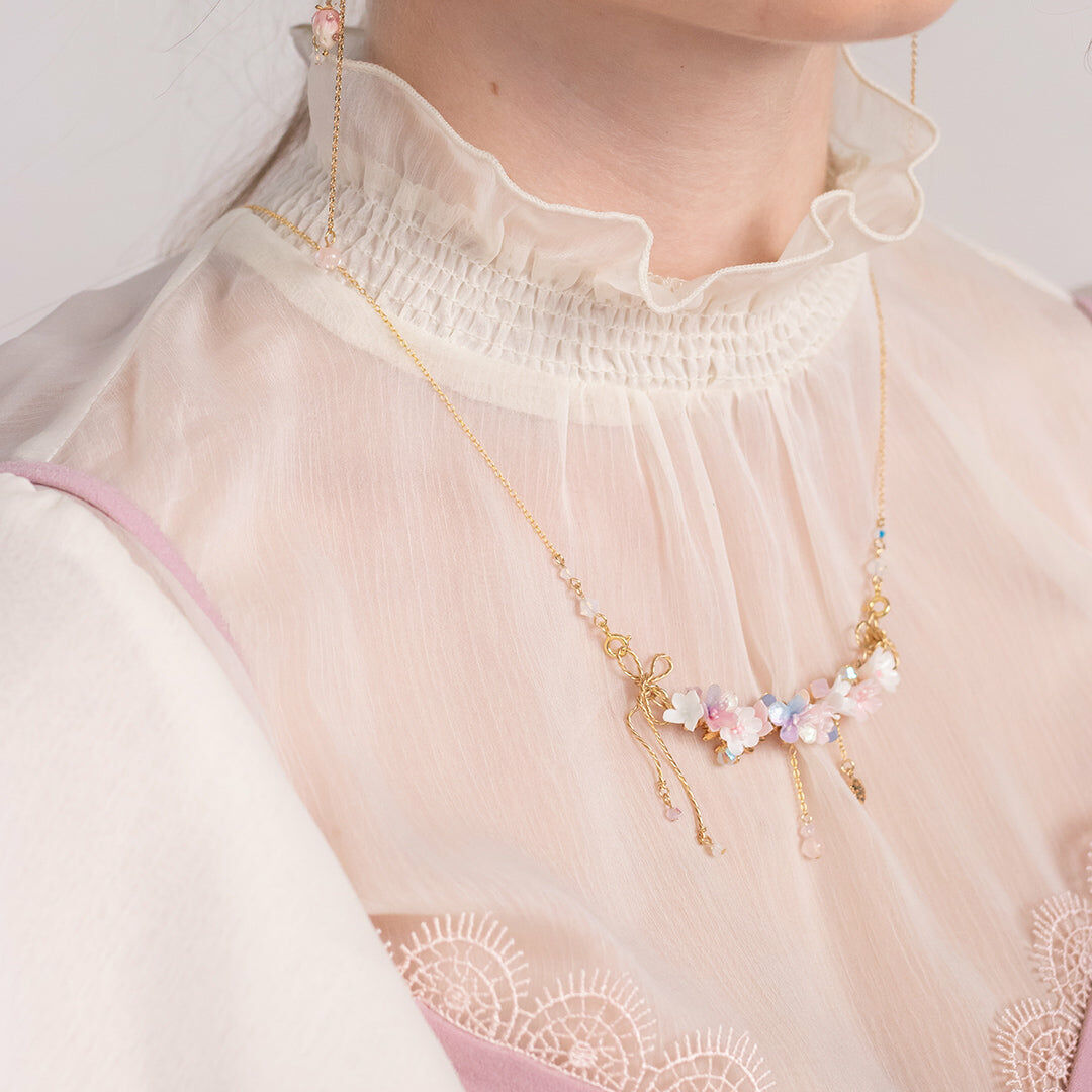 Snowy Aurora Bouquet 2-way 14K Gold-plated 925 Silver Necklace (with transformable POM POM choker)