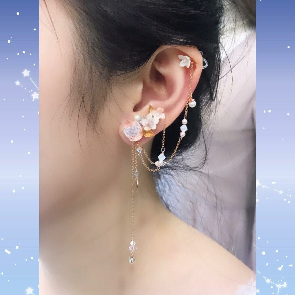 #1 ZODIAC Aquarius Garden Rose Cuff Earrings with Chain