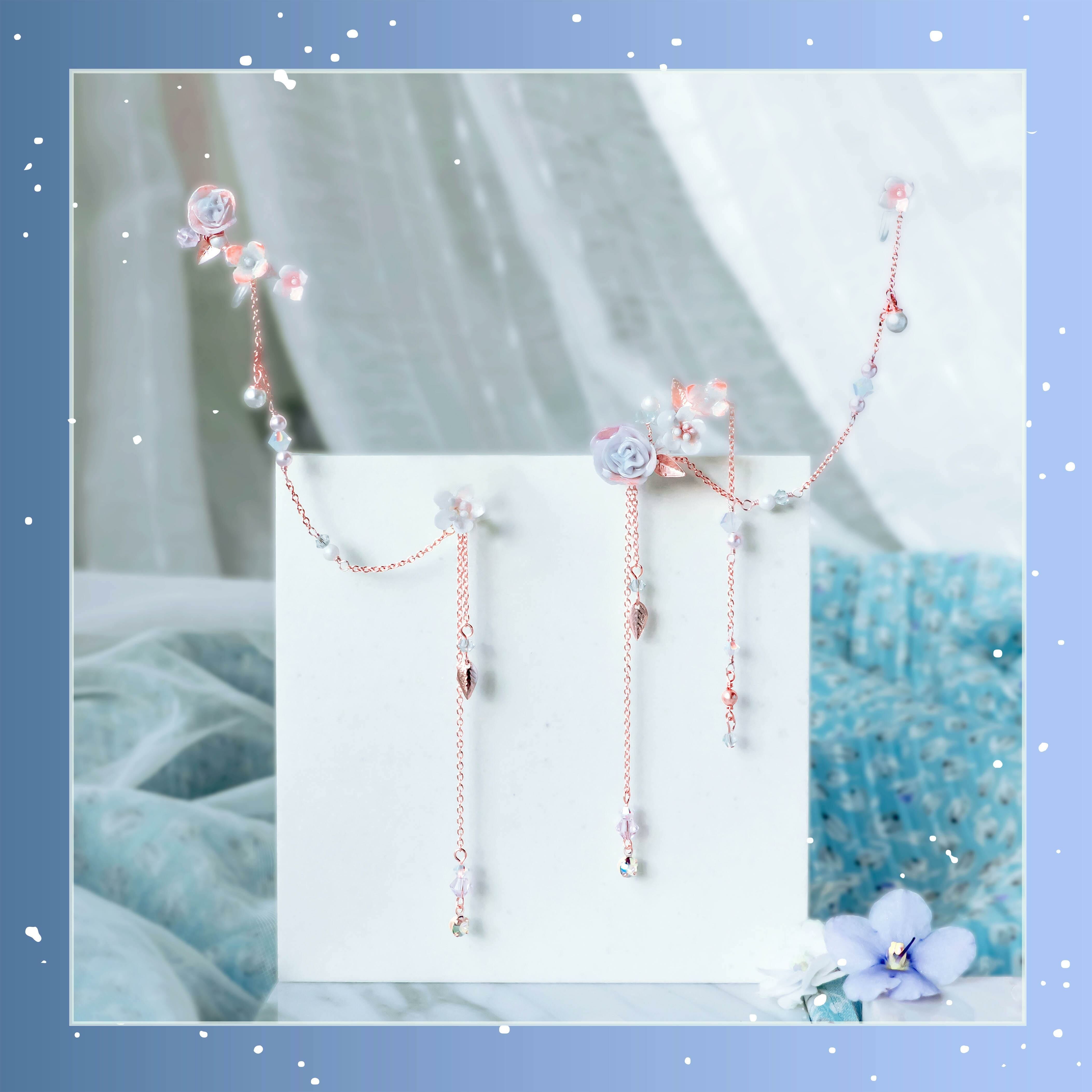 #1 ZODIAC Aquarius Garden Rose Cuff Earrings with Chain