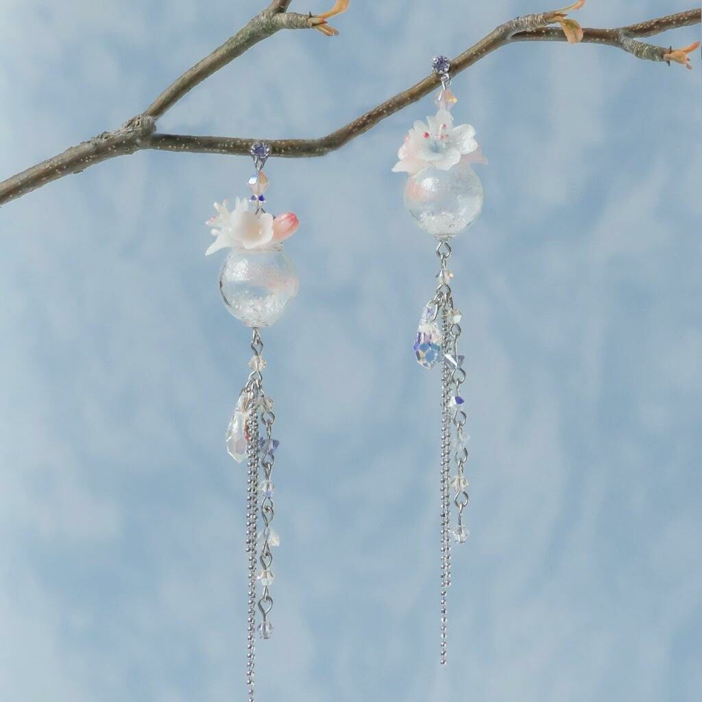 #3 ZODIAC Aries Sakura & Wind Chime 925 Silver Earrings (with a detachable cuff)