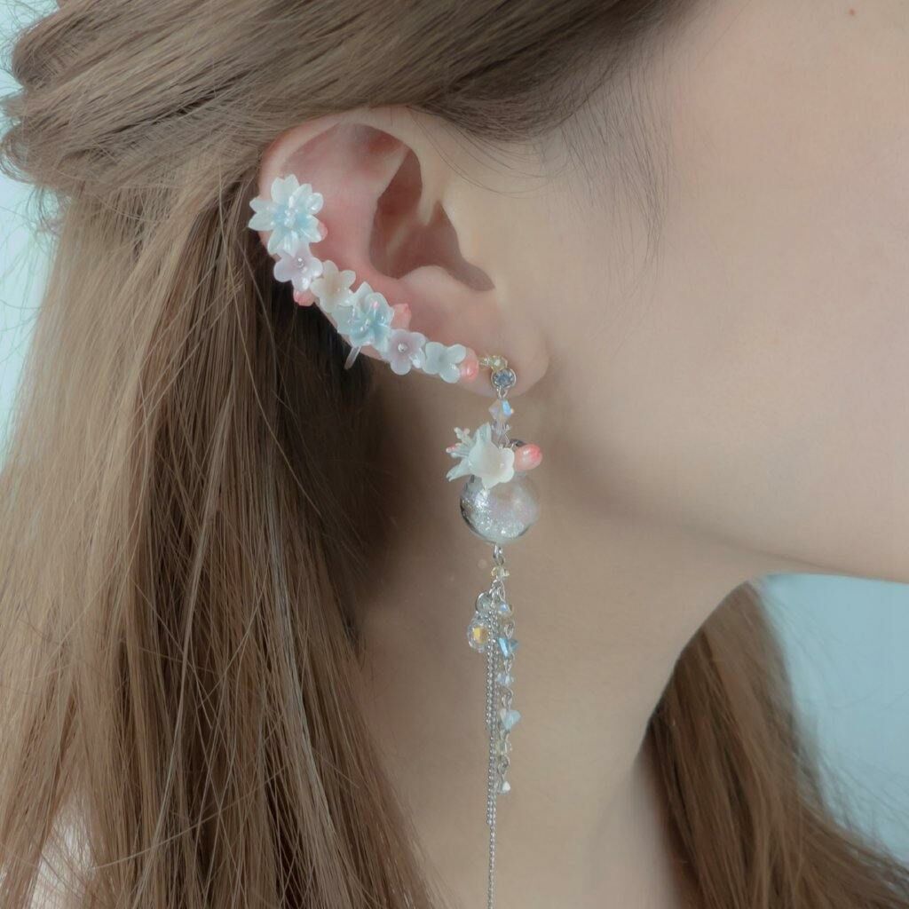 #3 ZODIAC Aries Sakura & Wind Chime 925 Silver Earrings (with a detachable cuff)