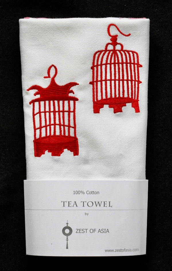 ZEST OF ASIA icon hong kong tea towel - red bird cage