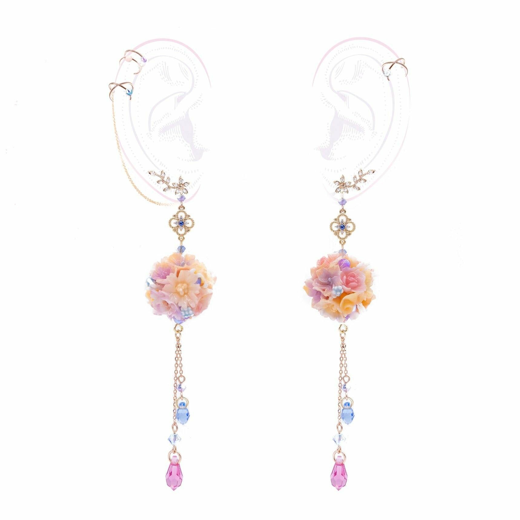 Flashback Eustoma Rose Gold-plated 925 Silver Bouquet Earrings (with 3 detachable ear cuffs)
