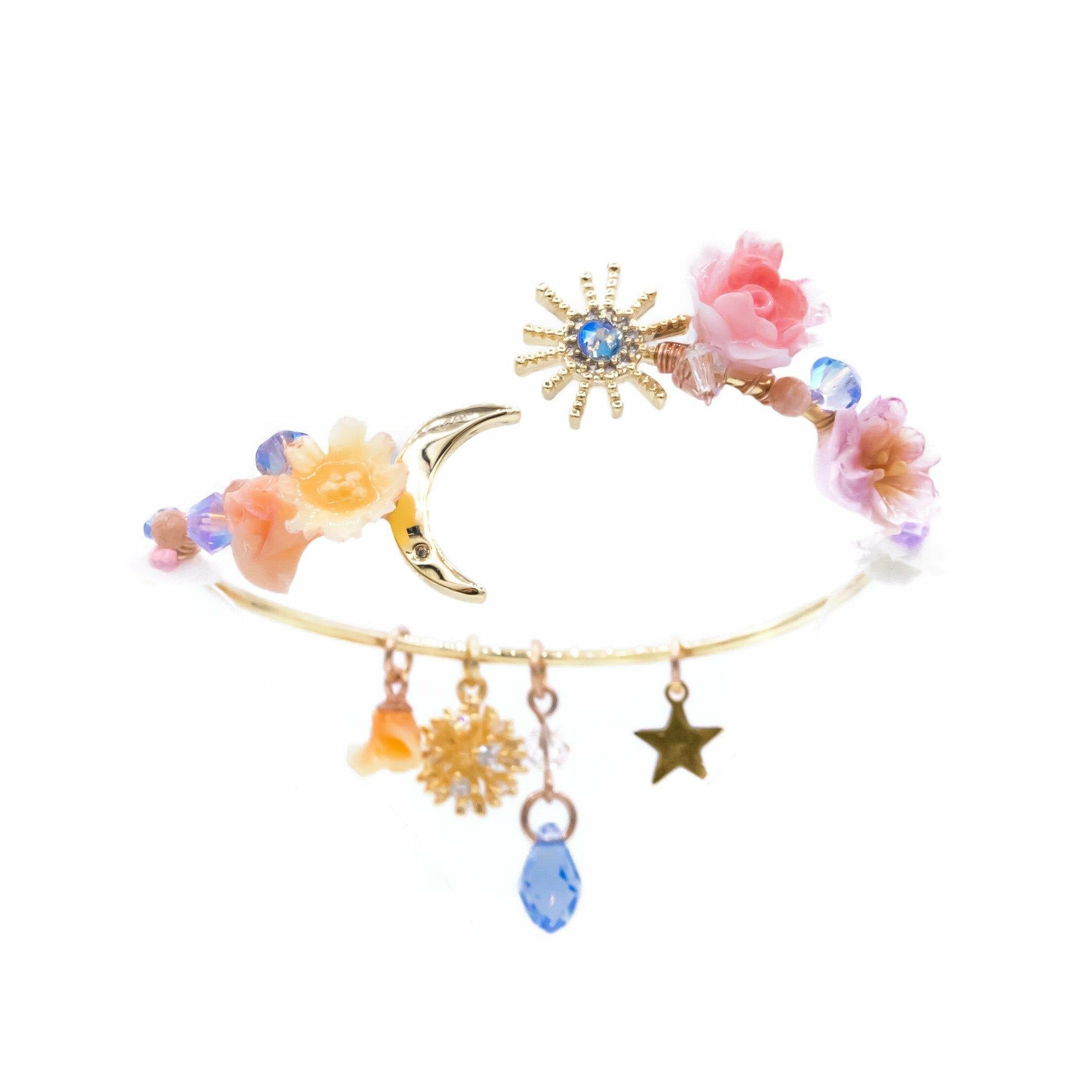 Camellia’s Memory Eustoma & Coral 14K Gold-plated Moon Bangle
