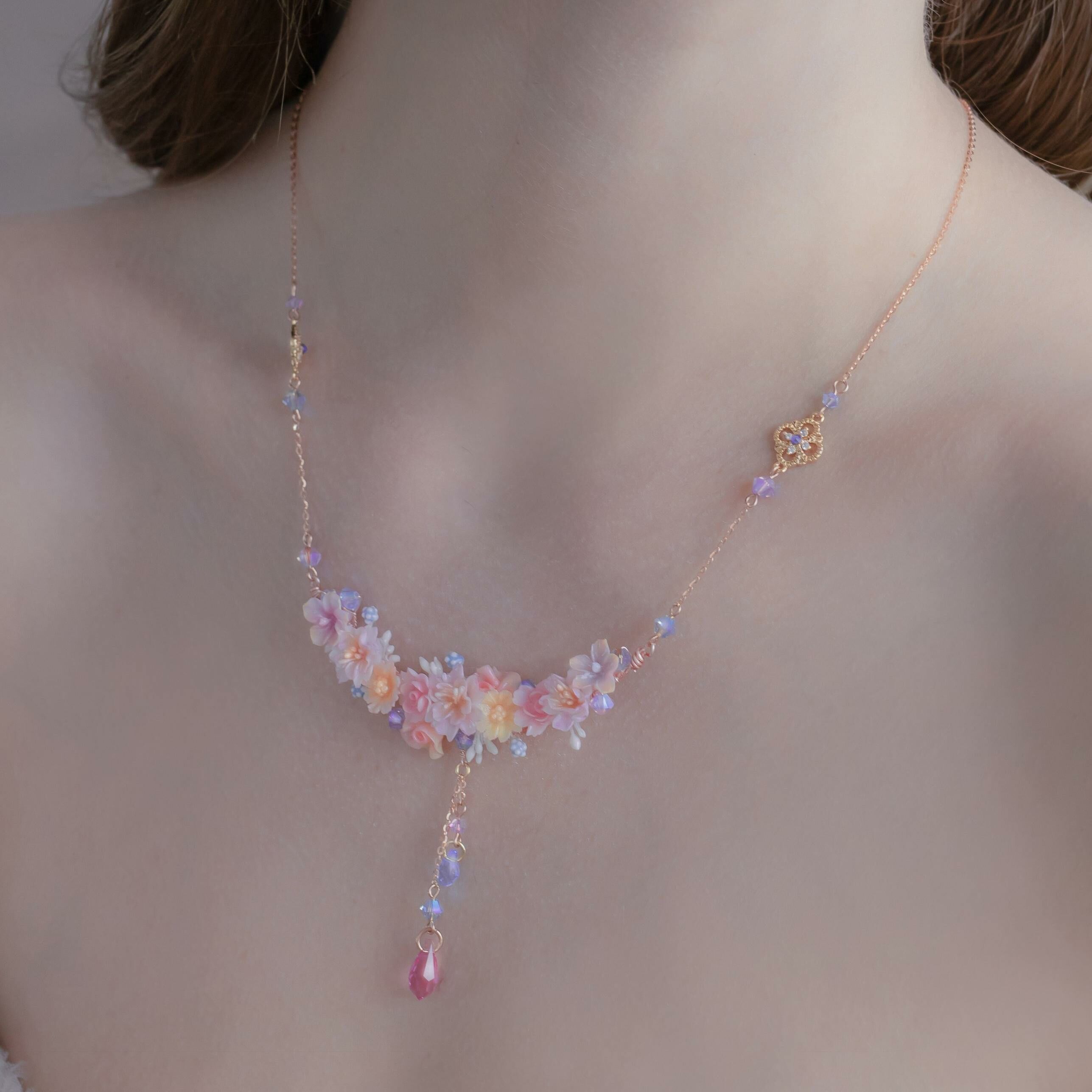 Camellia’s Illusion Eustoma & Coral Rose Gold-plated 925 Silver Floral Necklace