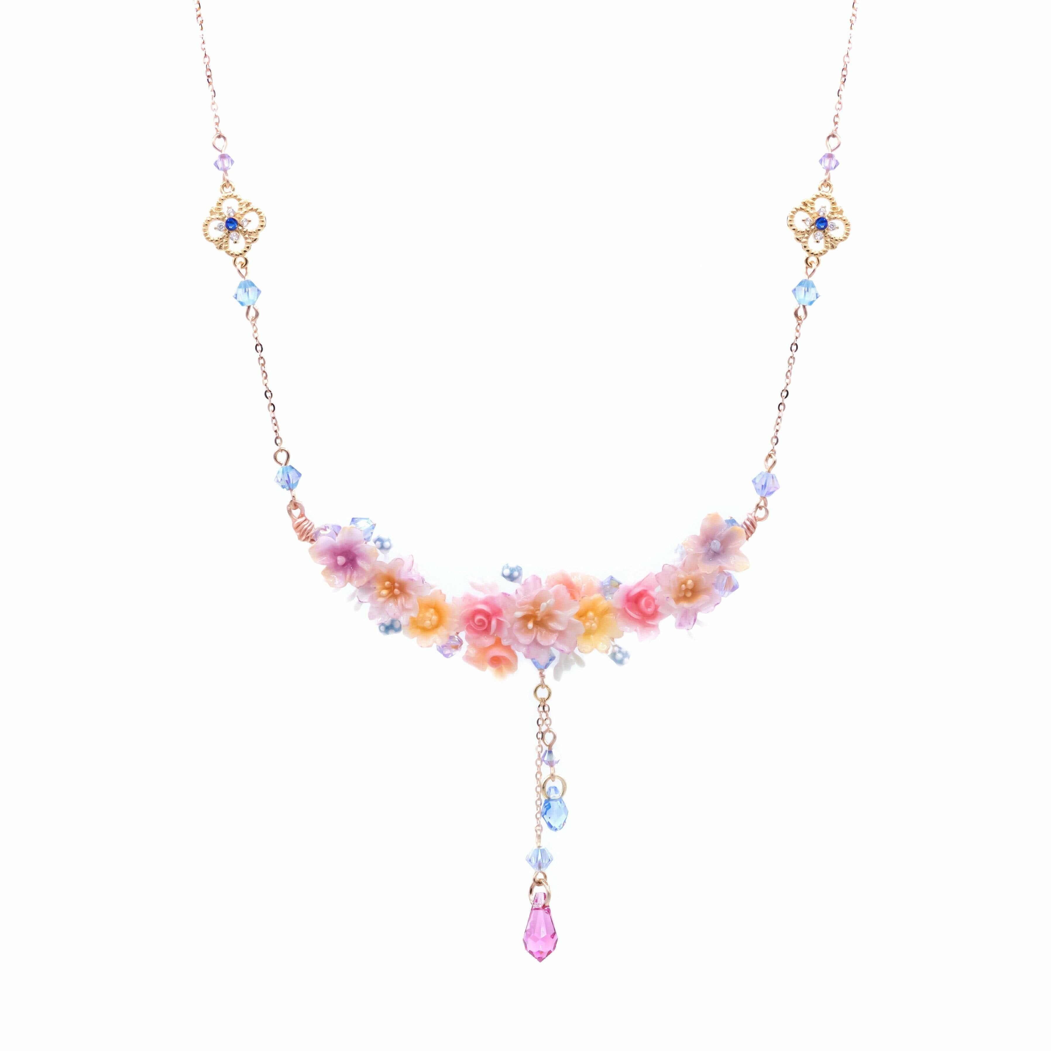 Camellia’s Illusion Eustoma & Coral Rose Gold-plated 925 Silver Floral Necklace