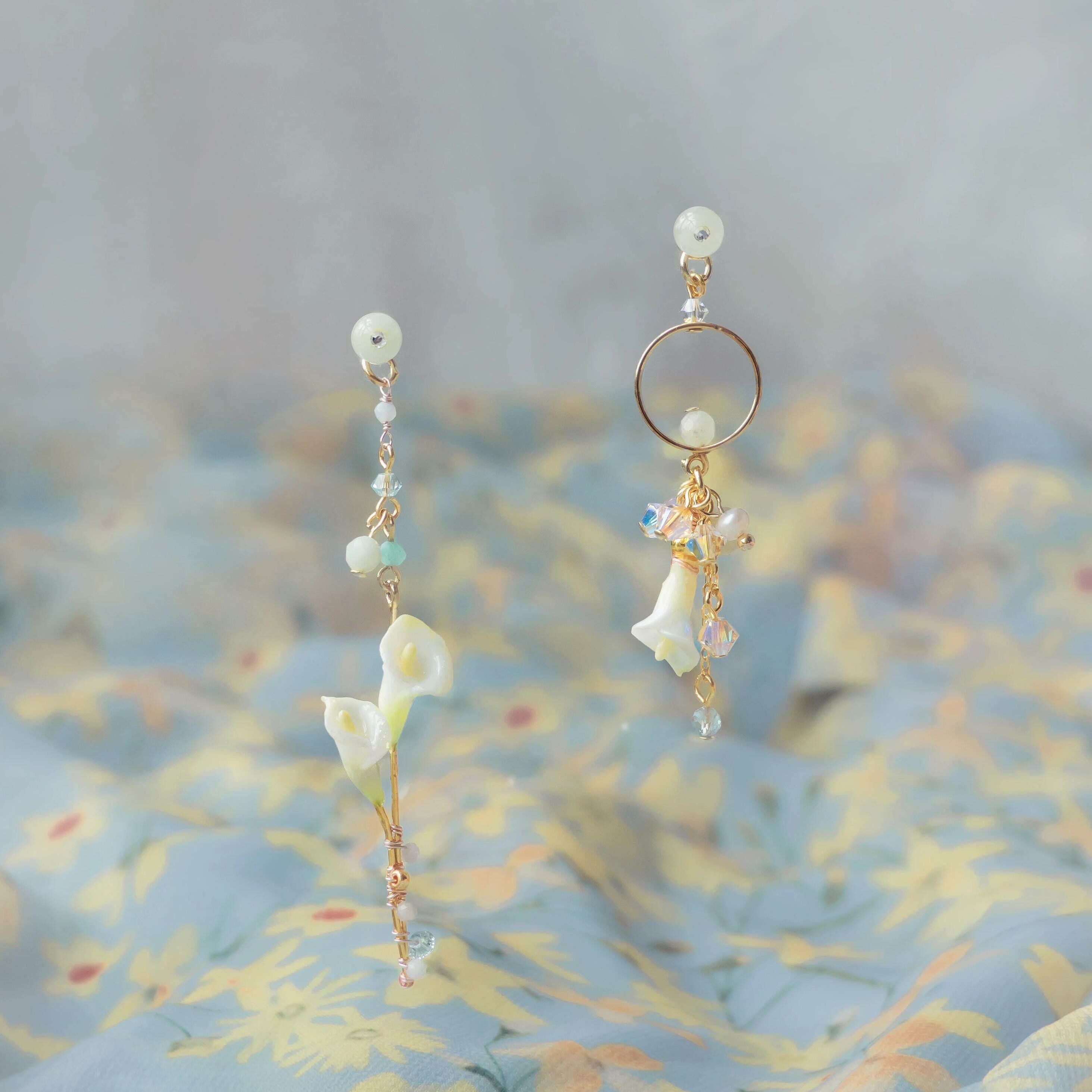 #7 ZODIAC Leo Virtuous Calla Lily Asymmetry Morganite 14K-gold Plated 925 Silver Earrings