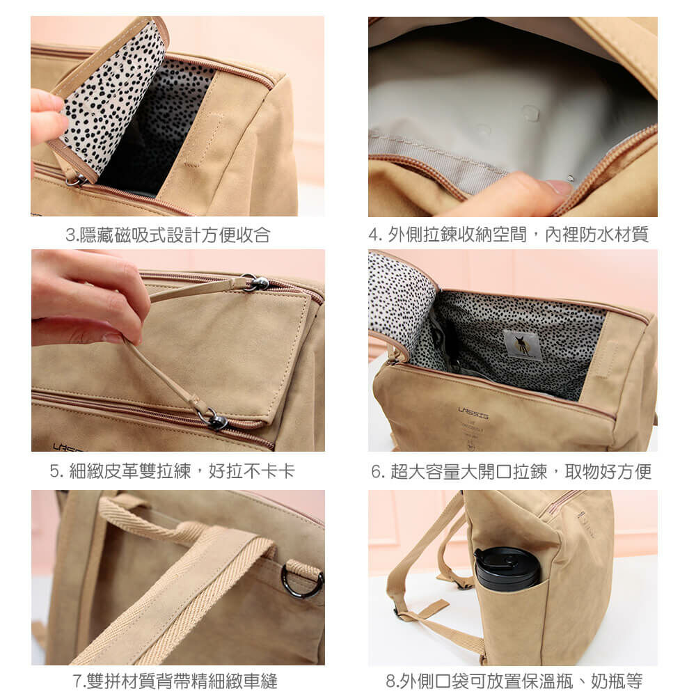 德國媽媽包No.1品牌，LASSIG讓媽媽包不只是媽媽包，兼具時尚與功能性，皮革質感設計，雙拉鍊長型大開口，大容量多隔層，外出育兒神隊友，網紅媽咪推薦