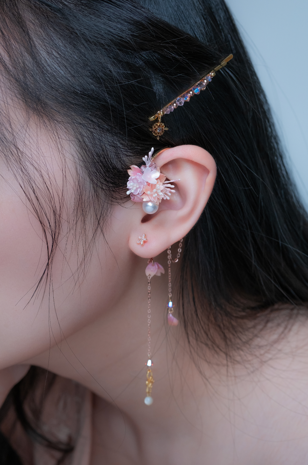 Elapsing Asymmetrical 14K Gold plated S925 Ear Hoop and Earrings