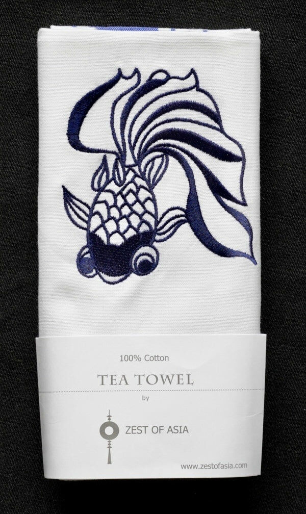 ZEST OF ASIA icon hong kong tea towel - blue goldfish