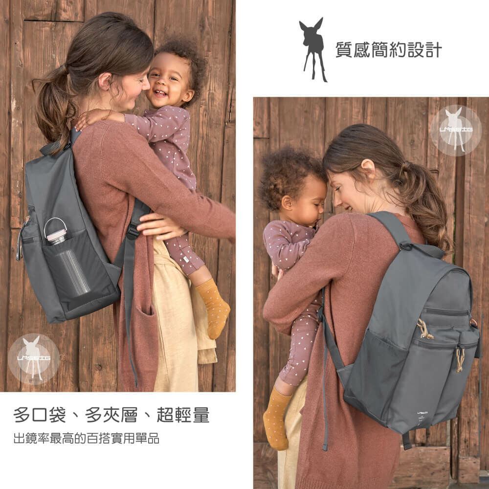 德國媽媽包No.1品牌，LASSIG讓媽媽包不只是媽媽包，兼具時尚與功能性，大開口大容量多隔層，附育兒配件：防水尿布墊、奶瓶保溫袋、推車掛勾，實用推薦