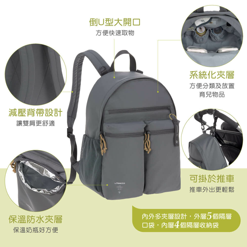 德國媽媽包No.1品牌，LASSIG讓媽媽包不只是媽媽包，兼具時尚與功能性，大開口大容量多隔層，附育兒配件：防水尿布墊、奶瓶保溫袋、推車掛勾，實用推薦