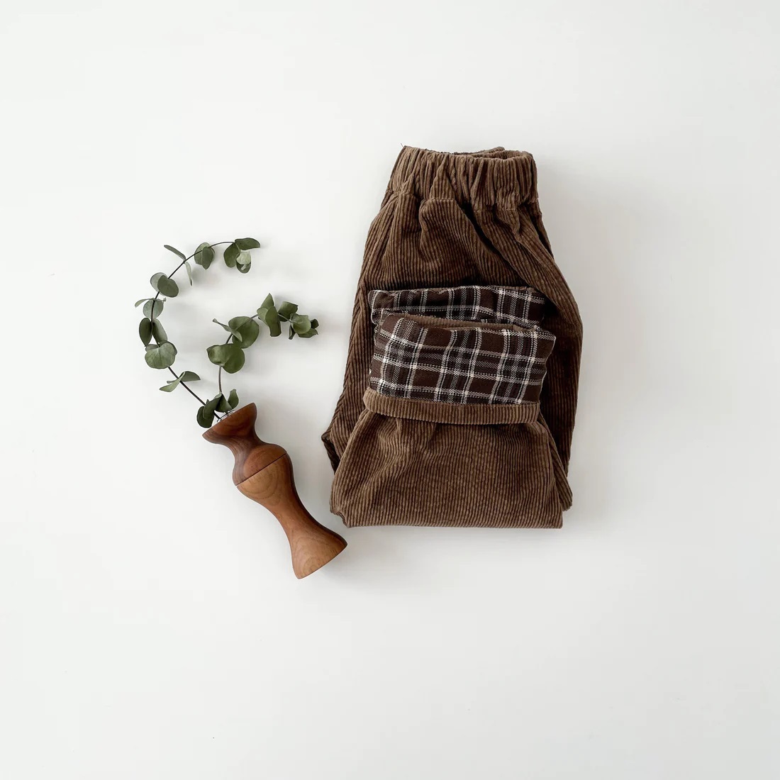 日本Petitmig 燈芯絨反折格紋長褲 - Brown