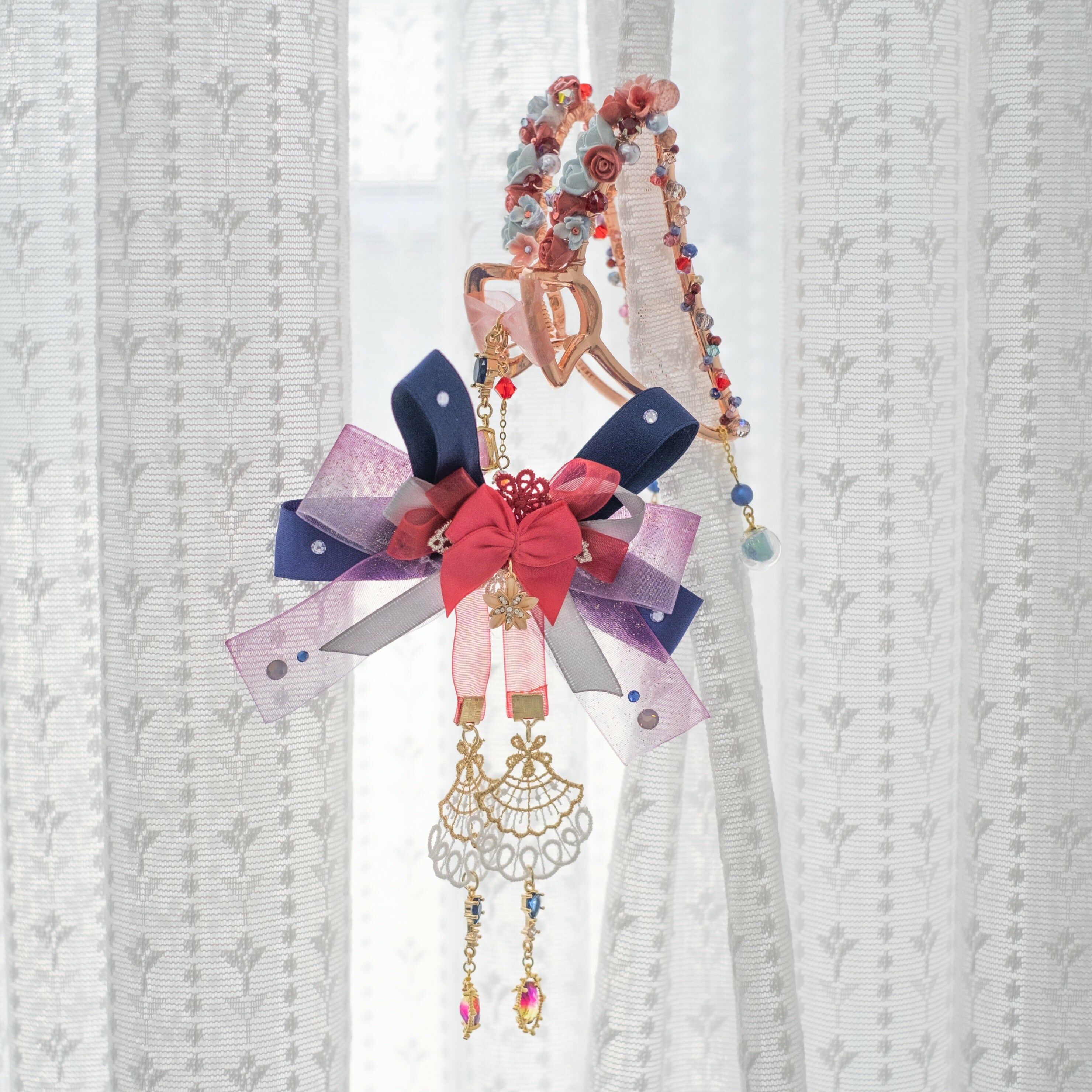 Red Rose Navy Lace Ribbon Claw Clip