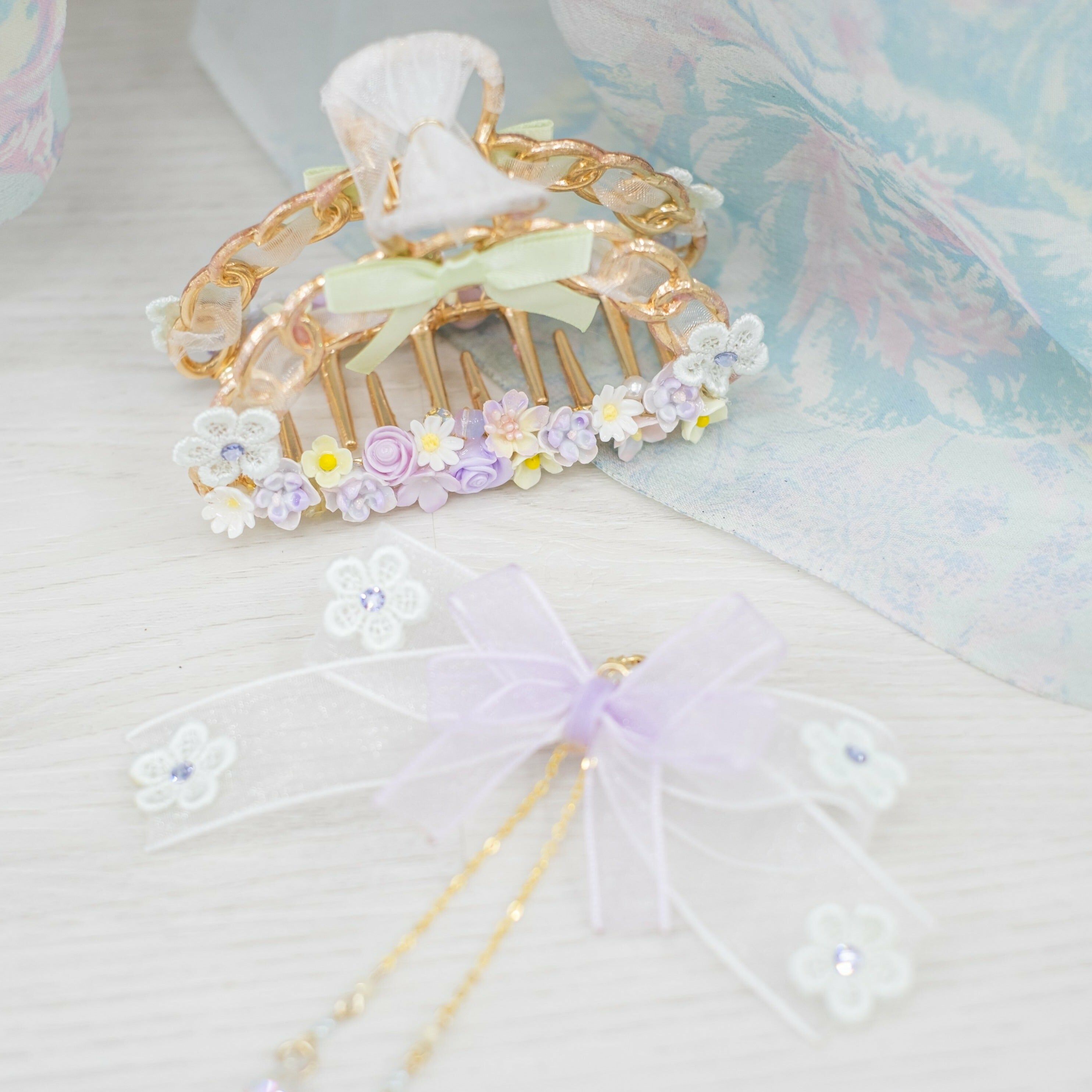 Purple Spring Garden Ribbon Claw Clip