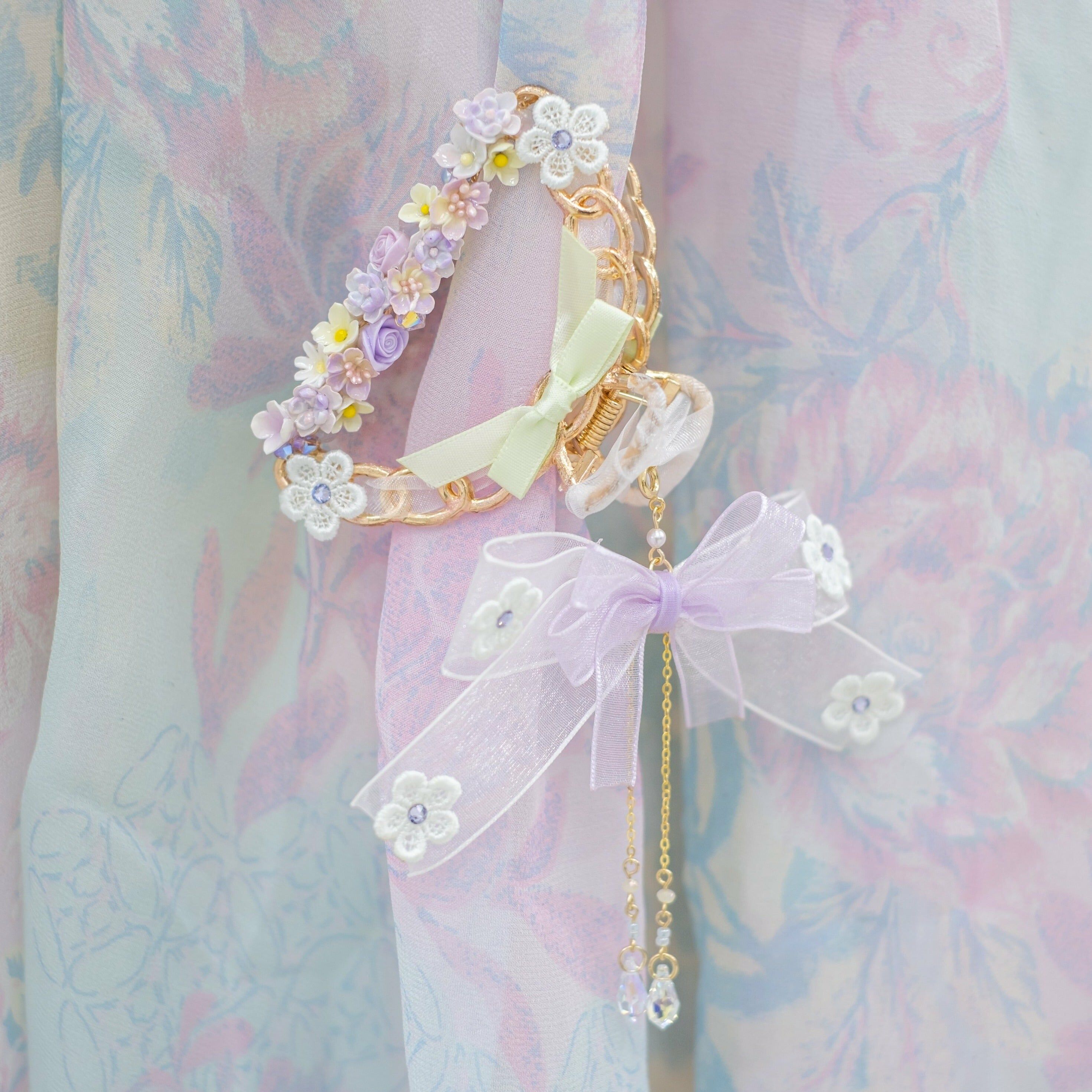 Purple Spring Garden Ribbon Claw Clip
