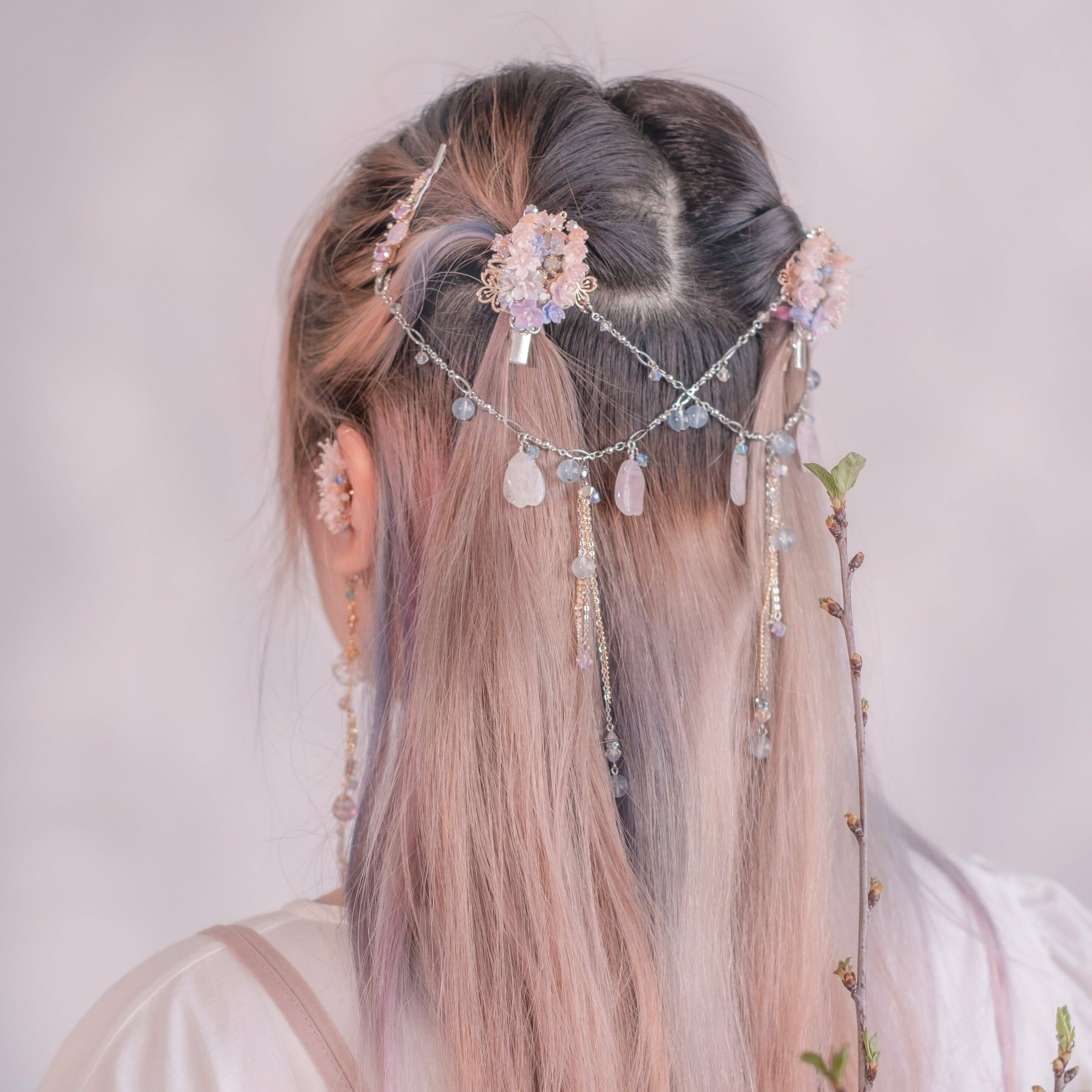 Serendipity Gold-plated Section Hair Clip Set (with detachable Rose Quartz petal chain)