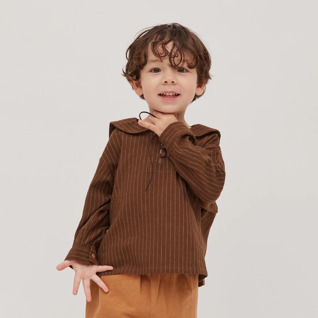 日本Petitmig 純棉水手領綁結上衣 - Khaki