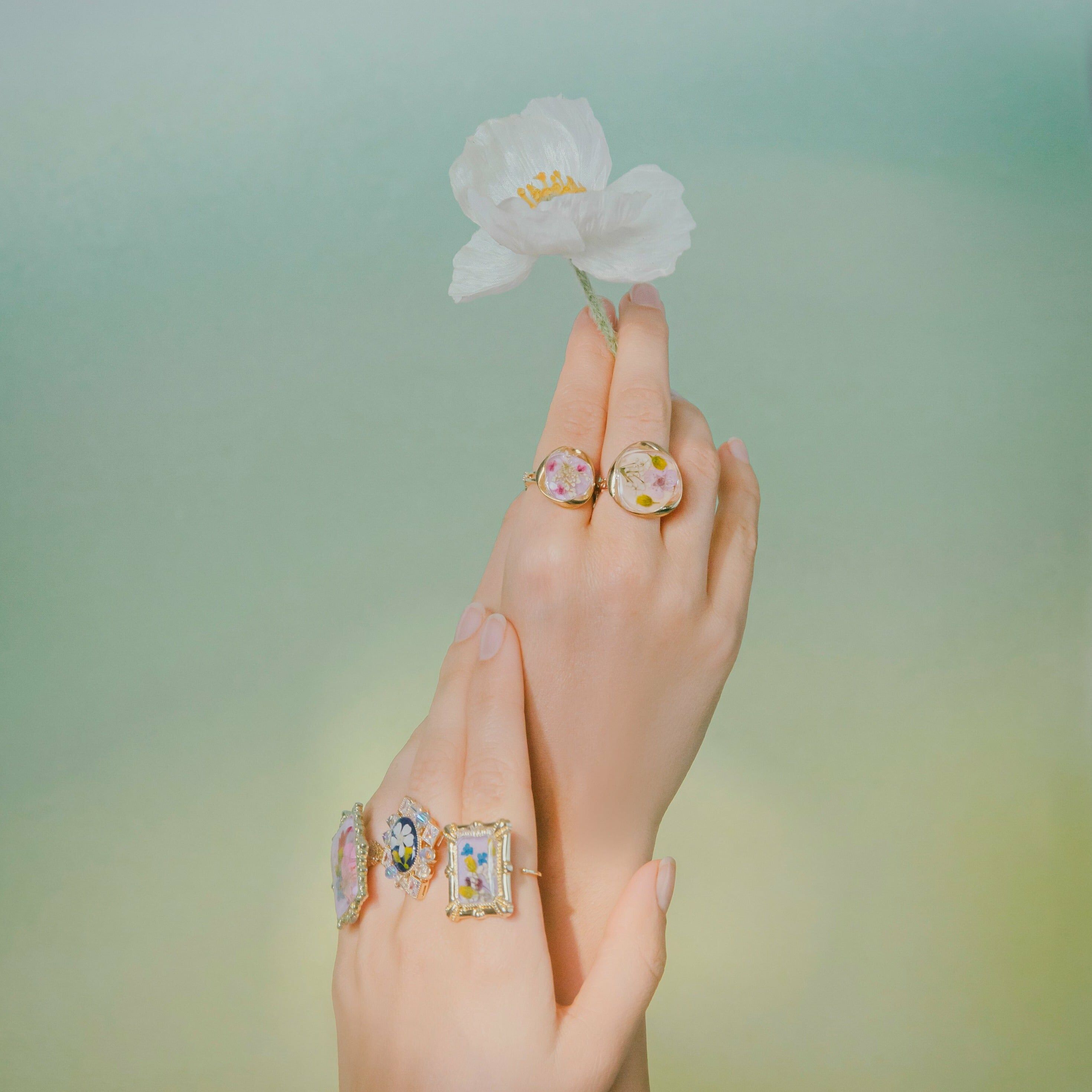 Whimsical Oshibana Art Gallery Ring Set