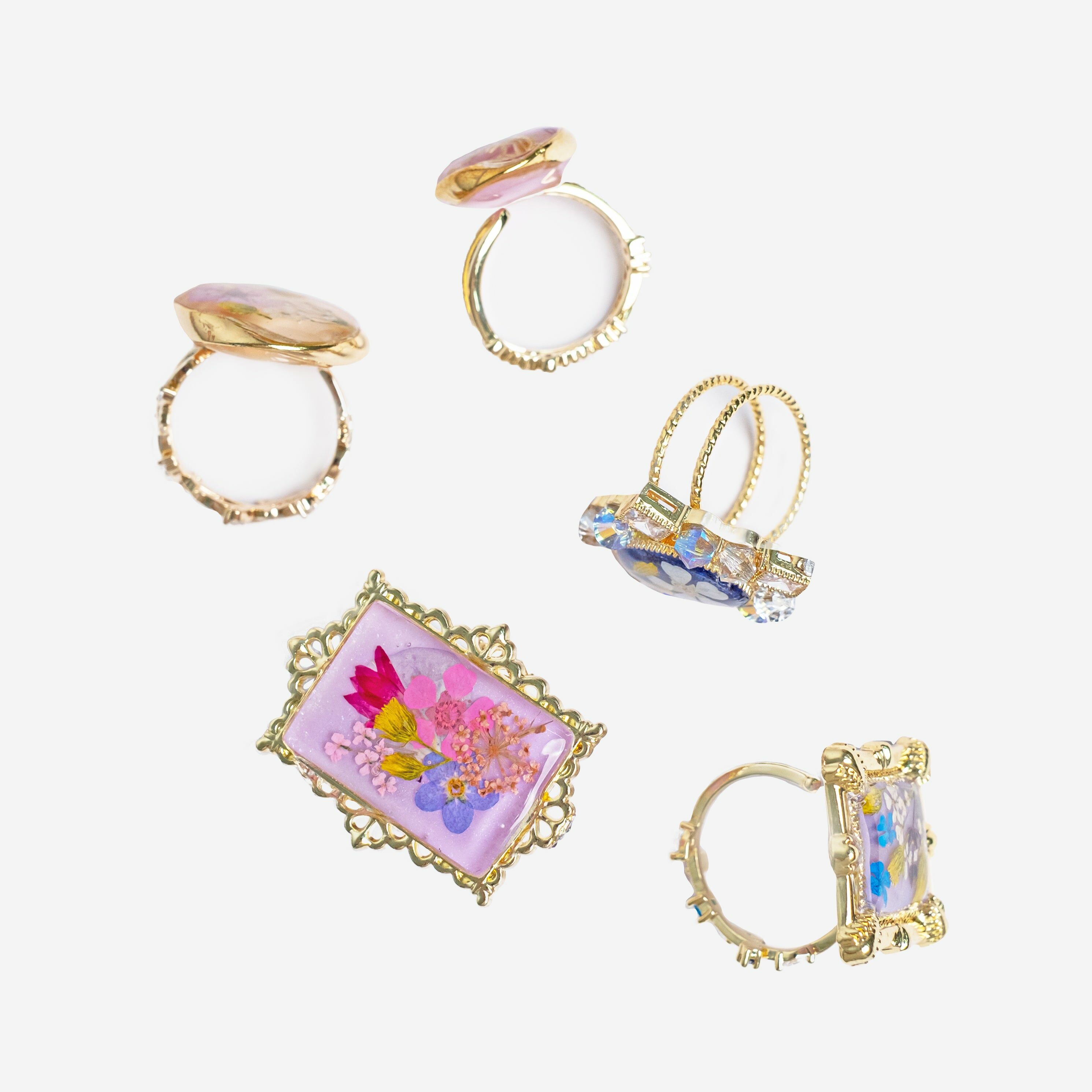 Whimsical Oshibana Art Gallery Ring Set