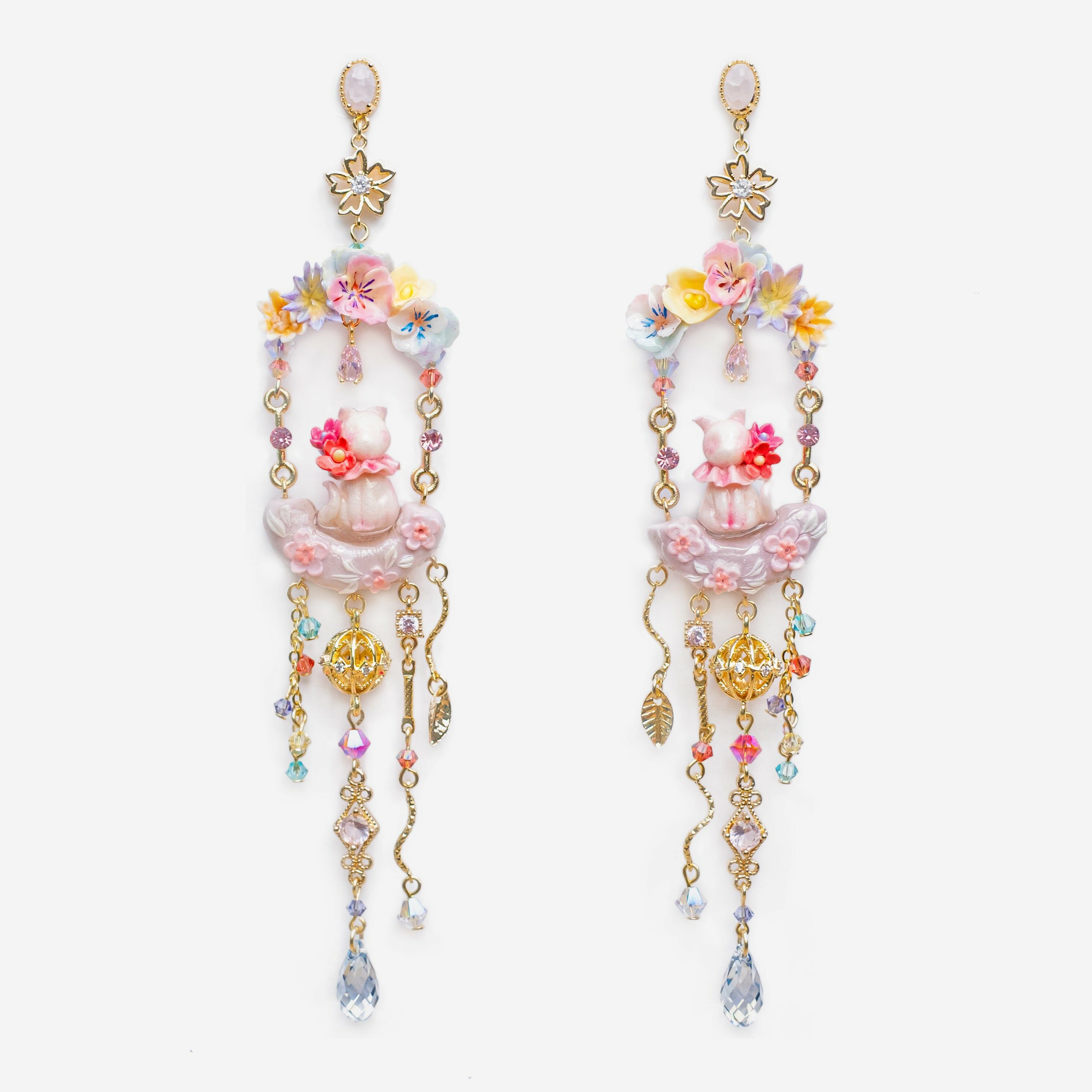 Bejewelled Carnival Fancy Kitten Gold-plated S925 Earrings with Polymer Clay