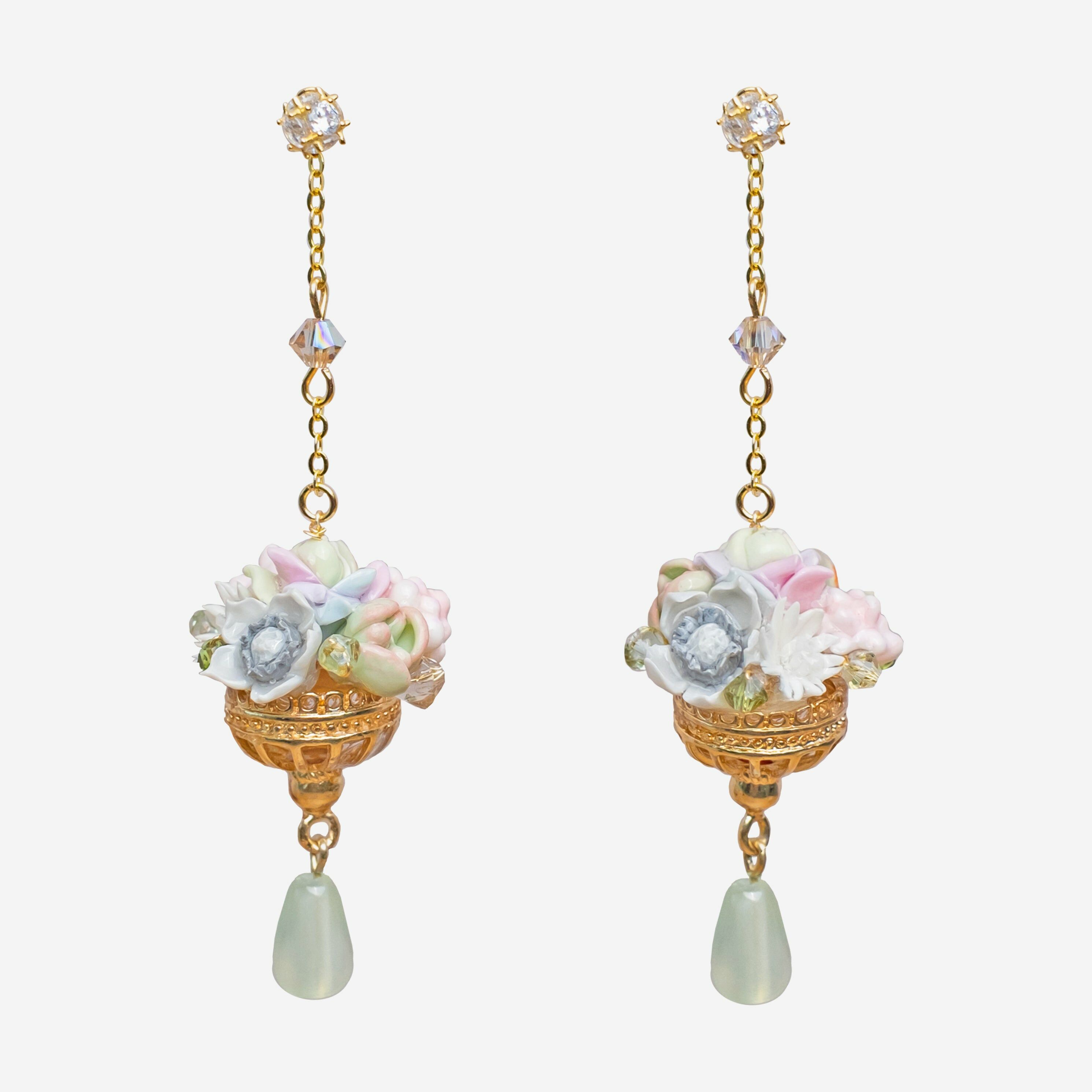 Prehnite and Potted Succulent in Chalice Gold-plated S925 Earrings